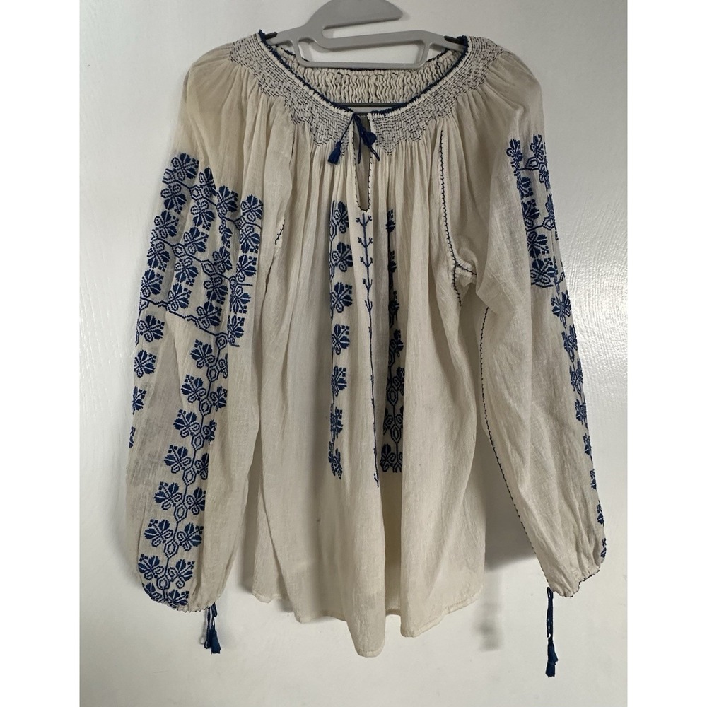 VTG Romanian Hand-embroidered Peasant Blouse White Blue Floral Cross-Stitch READ